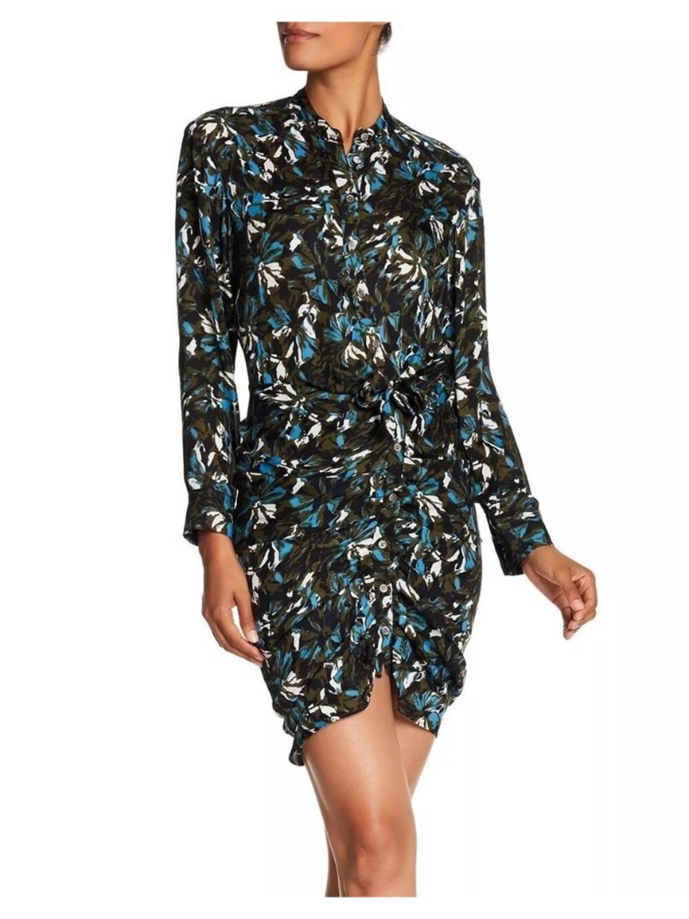Veronica Beard Georgina Button Front Silk Shirt Dress 8 Green Floral Ruched
